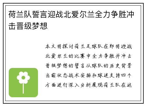 荷兰队誓言迎战北爱尔兰全力争胜冲击晋级梦想