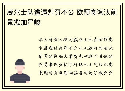 威尔士队遭遇判罚不公 欧预赛淘汰前景愈加严峻