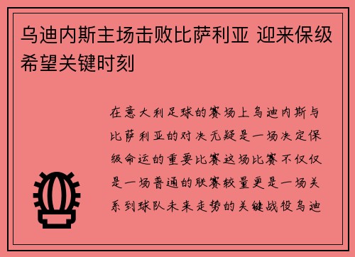 乌迪内斯主场击败比萨利亚 迎来保级希望关键时刻