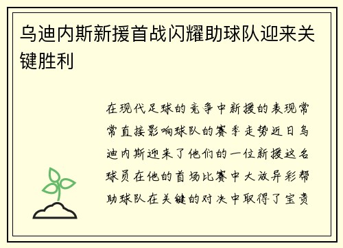 乌迪内斯新援首战闪耀助球队迎来关键胜利