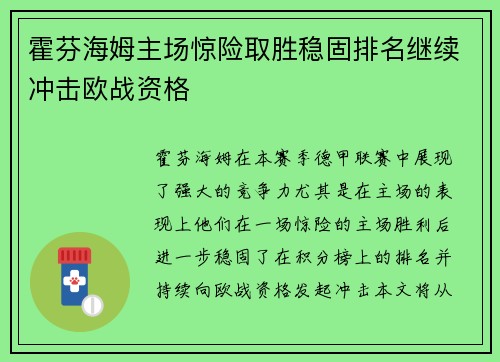 霍芬海姆主场惊险取胜稳固排名继续冲击欧战资格