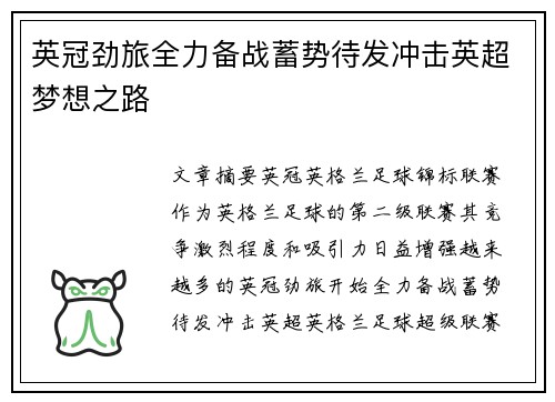 英冠劲旅全力备战蓄势待发冲击英超梦想之路