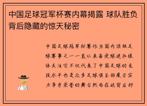 中国足球冠军杯赛内幕揭露 球队胜负背后隐藏的惊天秘密