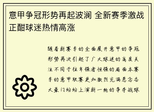 意甲争冠形势再起波澜 全新赛季激战正酣球迷热情高涨