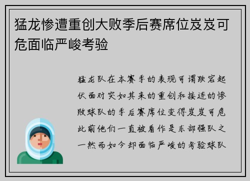 猛龙惨遭重创大败季后赛席位岌岌可危面临严峻考验
